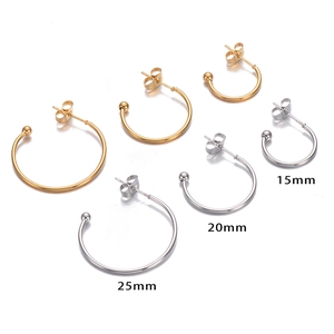 Gold and silver C-shaped stainless steel earrings in 15mm, 20mm, and 25mm sizes