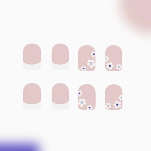 24-piece pink press-on nails with white French tips and blue daisy floral nail art designs