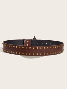 Close-up of brown leather belt featuring double rows of stylish gold metallic studs