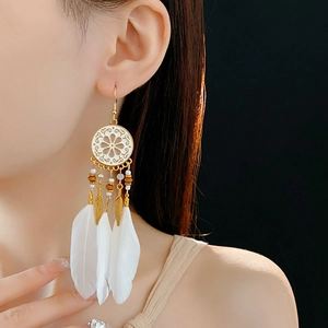 Mannequin portant des boucles d'oreilles bohèmes avec plumes blanches et filigranes dorés
