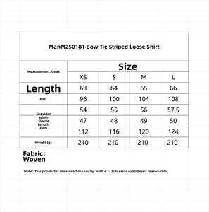 Detailed size chart for striped loose shirt with bow decoration for accurate fitting