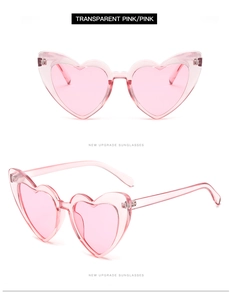 Front and side view of transparent pink heart-shaped sunglasses in high-quality PC material