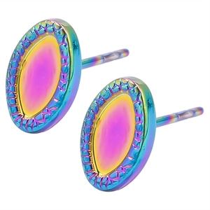 Detail of oval stainless steel stud earrings with rainbow iridescent finish and textured edges