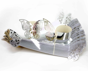 Detailed view of silver butterfly cutout paper napkin rings with metallic finish