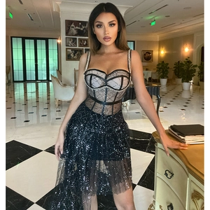 Sexy black sequined mesh camisole dress with corset top and irregular hemline