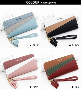 Detail view of four-color patchwork long zip wallets for women with tassels and wrist straps