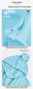 Detail of light blue linen hooded shirt featuring 180G breathable fabric and buttons