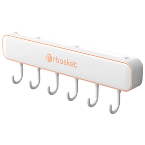 Wall-mounted white and orange kitchen knife rack and tool holder with six hooks