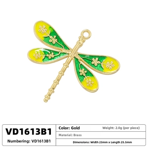 Detail of dragonfly pendant in gold-plated brass with green enamel wings and floral relief