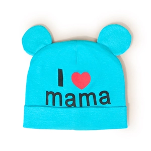 Detail of blue baby knitted hat with cute ears and I Love Mama print on a white background
