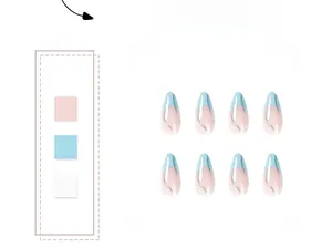 Detailed view of almond press-on nails with blue French tips and silver glitter wavy lines
