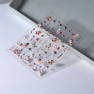 3D embossed nail stickers featuring red and black nine-tailed fox and mask designs