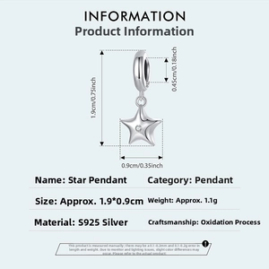 Detail of S925 sterling silver star charm with clear cubic zirconia and dimensions