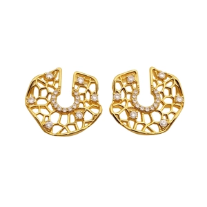 Golden hollow mesh round stud earrings with sparkling white cubic zirconia stones