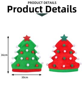 Detail showing dimensions of red and green Christmas tree hats with pom poms