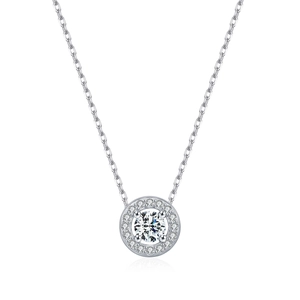 Collier en argent sterling S925 avec pendentif rond en moissanite de couleur D sur fond blanc