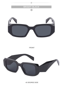 Front and 45-degree views of bright black geometric square sunglasses with wide temples