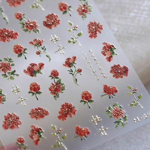 Stickers nail art 3D en relief avec pivoines rouges et motifs dorés de style chinois