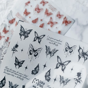 Autocollants ongles 5D avec papillons noirs gothiques et motifs calligraphiques poétiques