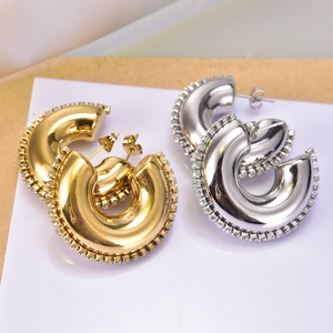 Stainless Steel 18K Gold Plated C-Shaped Hoop Earrings For Women Rhinestone Inlaid Hollow Design Fashion Stud Earrings Jewelry