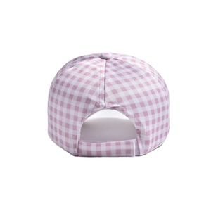 Rear view of pink checkered girls baseball cap with adjustable strap for secure fit