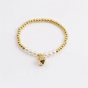 Creative Beaded Bracelet Copper Gold Round Beads White Faux Artificial Pearls Polyhedral Dice Pendant Stretch Jewelry For Women Men