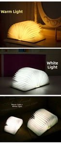 Detailed comparison of three light modes for the wooden folding book lamp on a desk