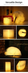 Detailed view of the flexible 360 degree wood texture LED folding book lamp with warm light