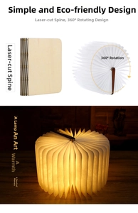 Macro view of a 360-degree foldable wooden book lamp with warm LED ambient lighting