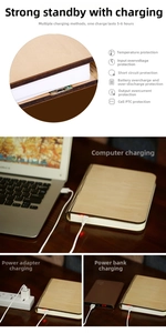 Detailed view of wooden book lamp with USB charging port and 6-layer safety protection