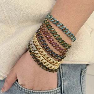 Bracelet Mailles Cubaines Hip-Hop Iced Out Homme Femme Cuivre Strass Bicolore Streetwear Bijoux de Mode Cadeau