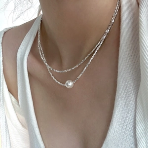 925 Sterling Silver Artificial Pearl Necklace Minimalist Crushed Silver Texture Choker Elegant Jewelry For Women