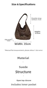 Detailed size chart for large leopard print suede tote bag with 35cm width and 21cm handle