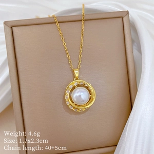 Macro shot of gold bird nest pearl necklace with weight and size specifications info