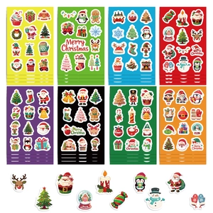 Detail of 8 colorful Christmas sticker sheets featuring Santa and reindeer for DIY decor