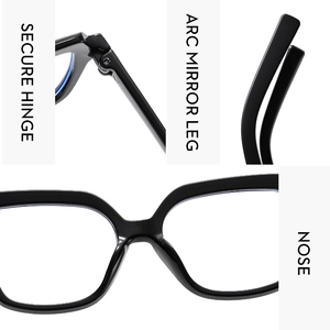 Detail view of secure hinges, arc temple tips and comfortable nose pads on black glasses