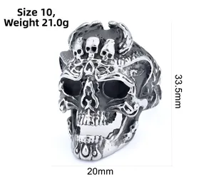 Detailed view of punk skull ring showing size 10 specifications and 33.5mm height dimension