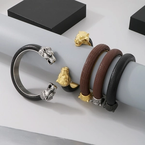 Punk Wolf Head Open Bangle Stainless Steel And Leather Cuff Bracelet Masculine Street Style Jewelry For Men