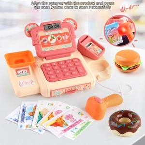 Kids supermarket cash register toy set with scanner, lights, sounds and play food accessories