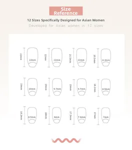 Detailed size guide for 24pcs press-on nails in 12 different lengths and widths