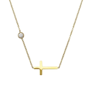 Minimalist gold cross necklace for women featuring a side-set sparkling zircon stone