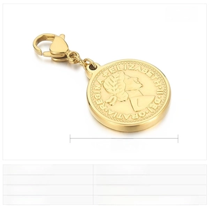 Close-up of 18mm golden stainless steel coin pendant with queen head and lobster clasp