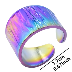 Detail of iris plated stainless steel ring with hammered texture and 1.7cm inner diameter