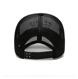 Detail view of the breathable mesh fabric and adjustable snapback closure on black cap