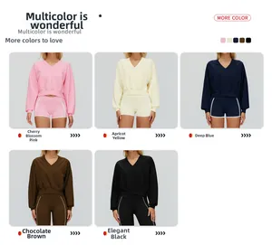 Detail showing five color options of a women's hooded V-neck sportswear set with contrast piping