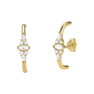 Macro detail of gold S925 silver curved earrings with sparkling marquise zirconia gems