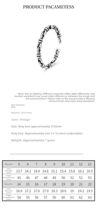 Detailed size chart for vintage S925 sterling silver adjustable knot rings with measurements