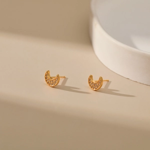 Exquisite gold-plated crescent moon stud earrings with zircon inlay for women