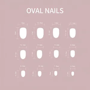 Size guide for oval press-on nails showing twelve different width and length dimensions