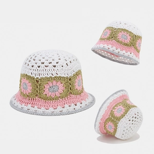 Handmade Crochet Bucket Hat Cotton Floral Hollow Breathable Sunshade Sweet Bohemian Fisherman Cap For Women Accessories